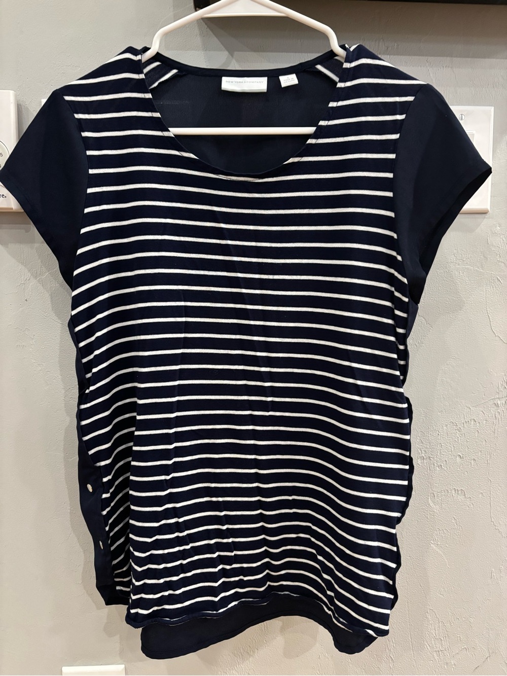 New York & Company Navy and White Striped Short-Sleeve Top